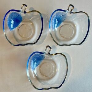 Vintage KIG Glass Apple Bowl KIG Indonesia Colored Blue Leaf Set of 3; 5x4.5x1”